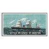 Travel poster of Office 99 State St in Boston, featuring green and gray tones - in a black frame