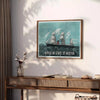 Travel poster of Office 99 State St in Boston, featuring green and gray tones - styled on a counter with eucalyptus and a bowl of lemons