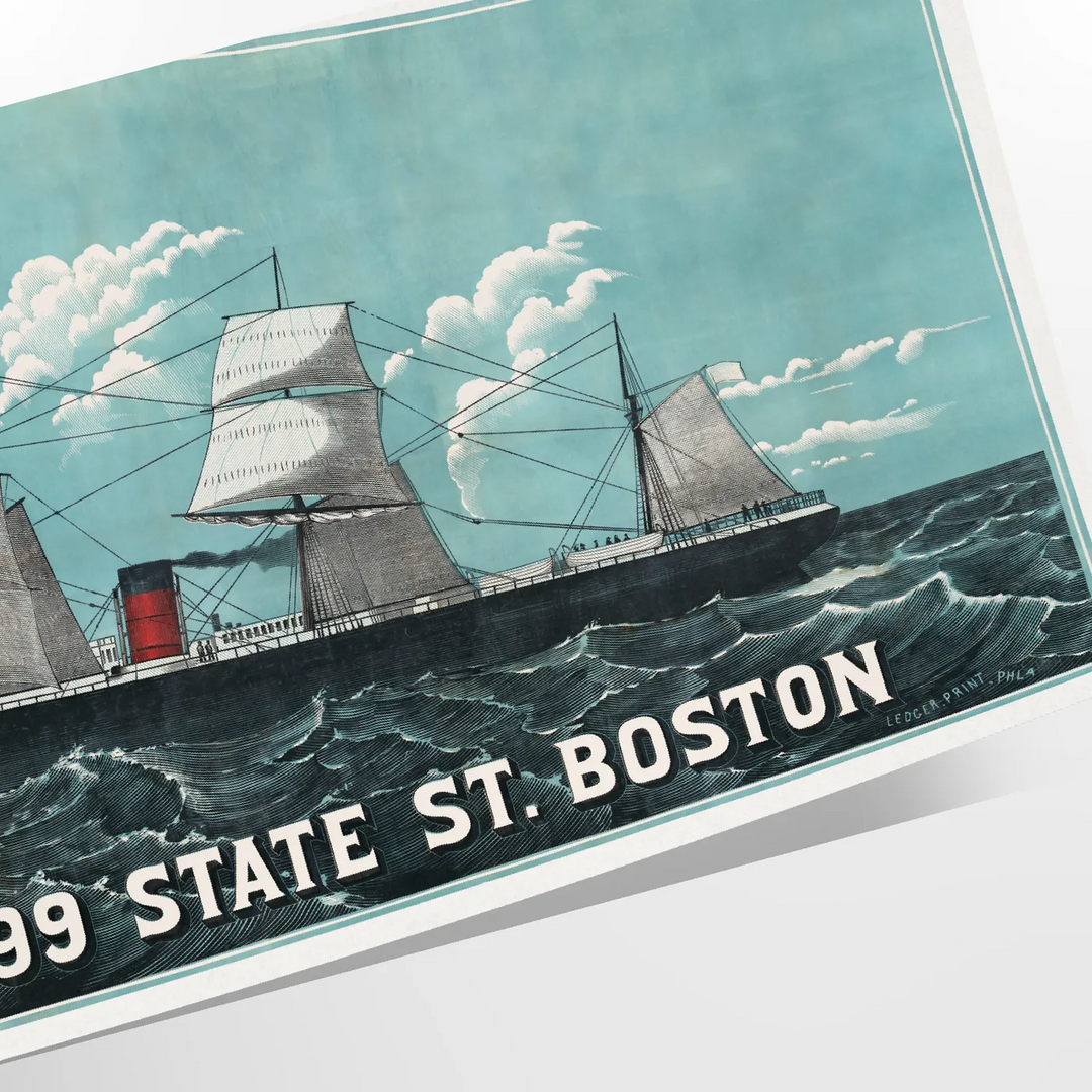 Travel poster of Office 99 State St in Boston, featuring green and gray tones - as a rolled, unframed print