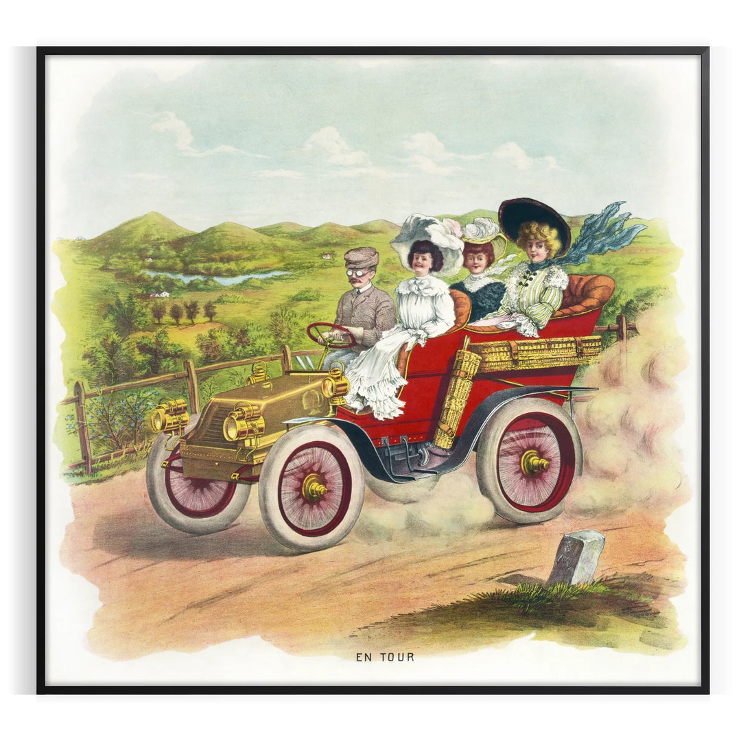 Vintage travel poster featuring an old car in earthy brown and green tones