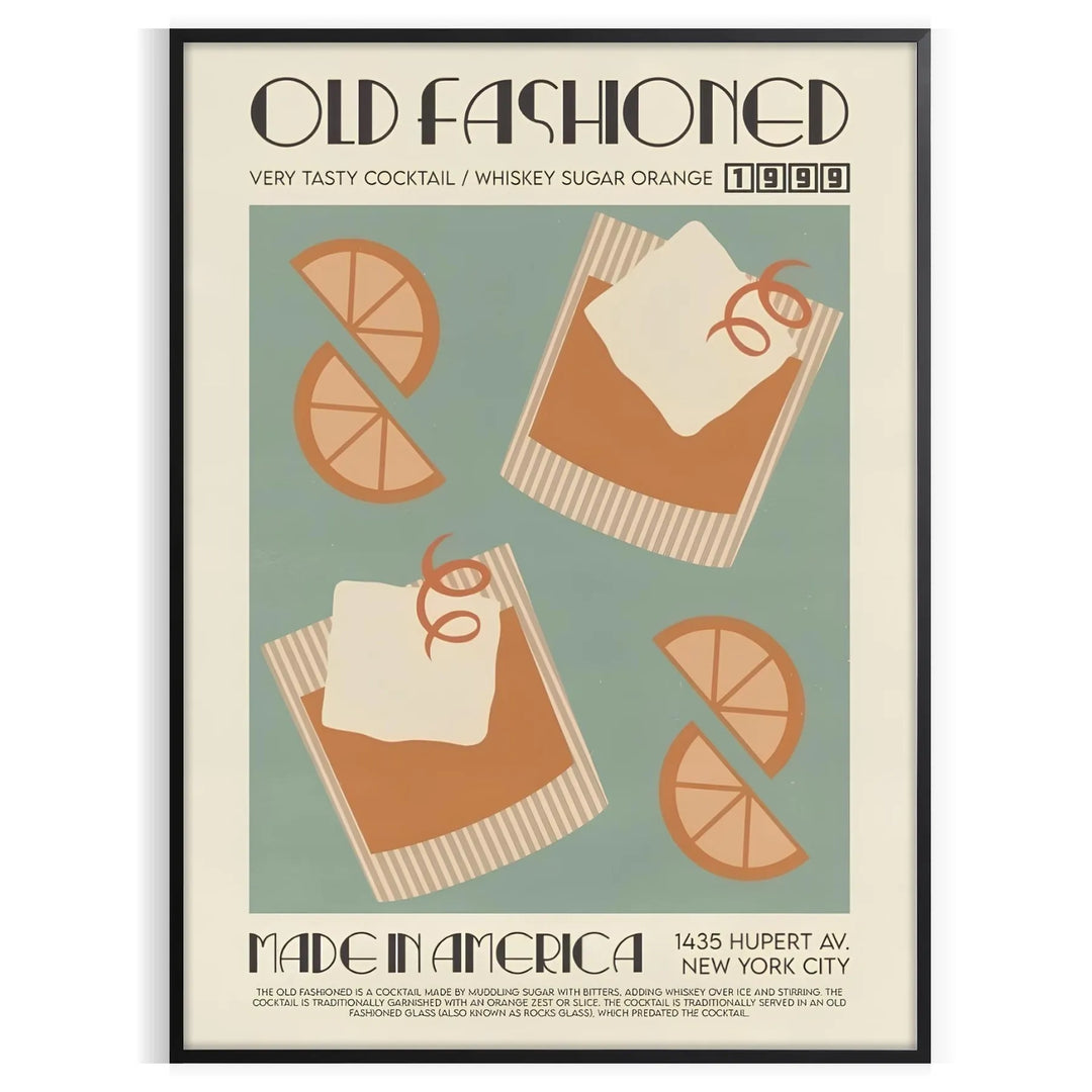 Vintage illustration of an Old Fashioned cocktail in rich brown and green tones