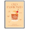 An illustration of an Old Fashioned cocktail with orange and red hues - in a black frame