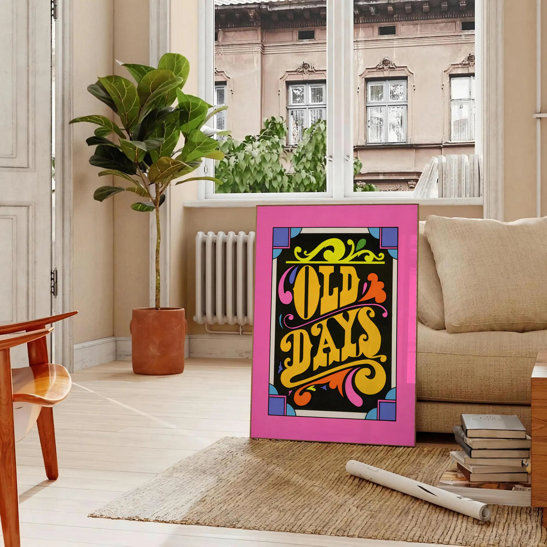 Retro design featuring bold black and yellow colors with a nostalgic theme - in a Parisian living room with a sofa and a fig plant