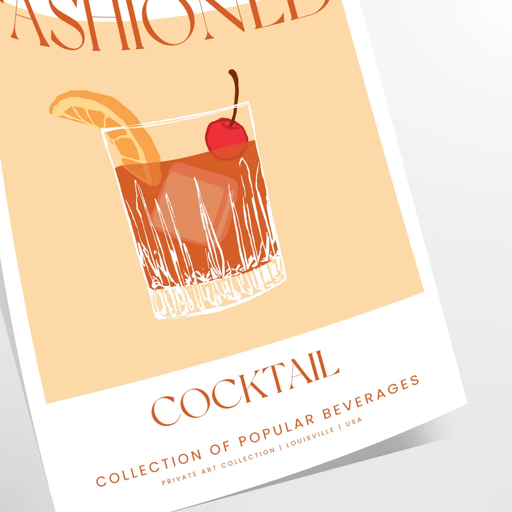 Vintage illustration of an Old Fashioned cocktail with orange and red hues