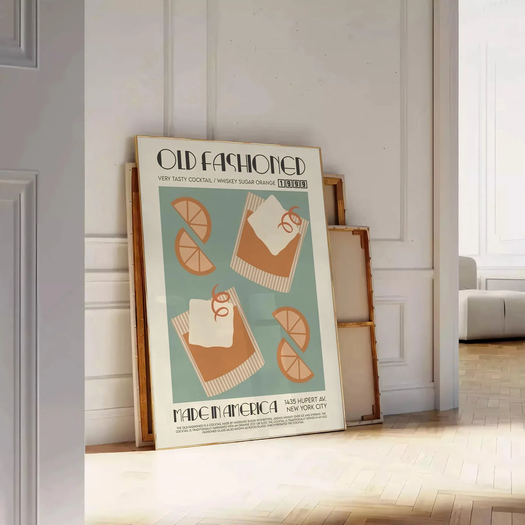 Vintage illustration of an Old Fashioned cocktail in rich brown and green tones - leaning on a herringbone floor against a white panelled wall