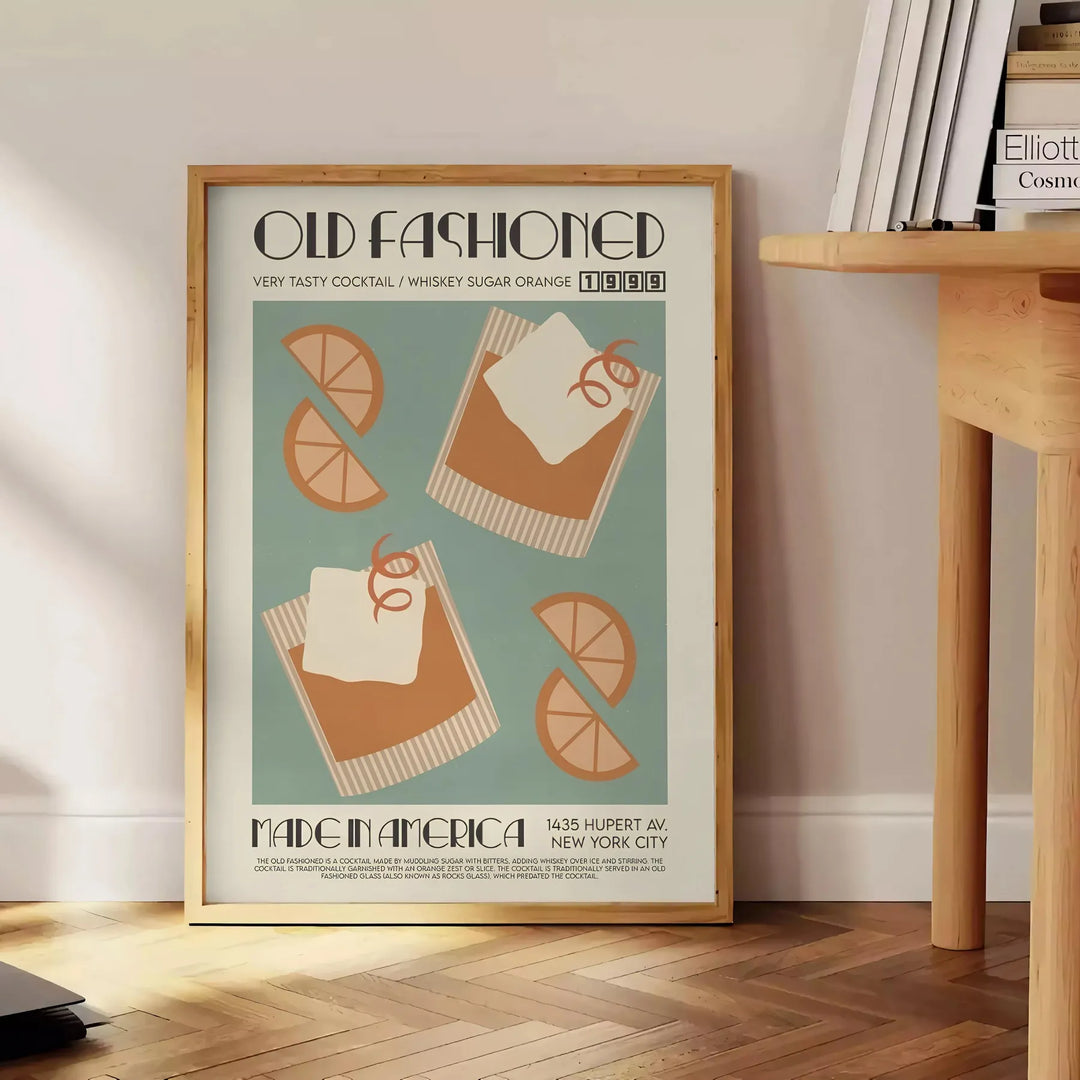 Vintage illustration of an Old Fashioned cocktail in rich brown and green tones - beside a round wooden side table with books