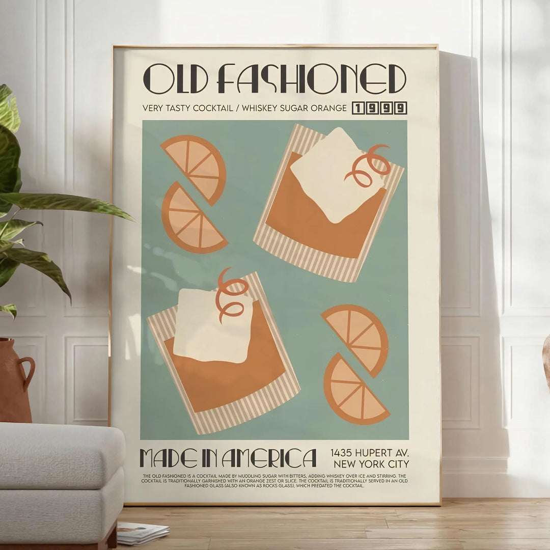 Vintage illustration of an Old Fashioned cocktail in rich brown and green tones - in a bright minimalist room with a plant and an armchair