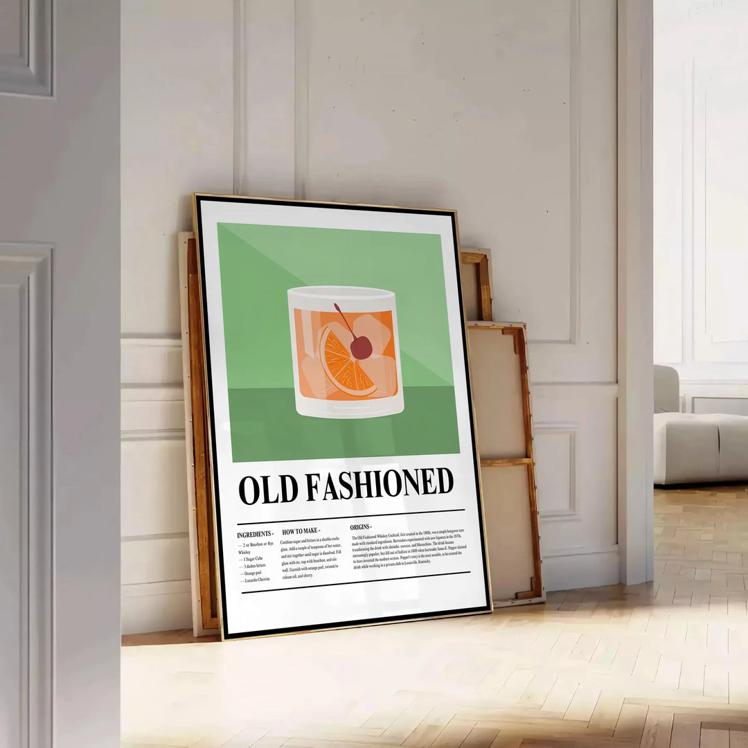 Illustration of an Old Fashioned cocktail on a black background - leaning on a herringbone floor against a white panelled wall