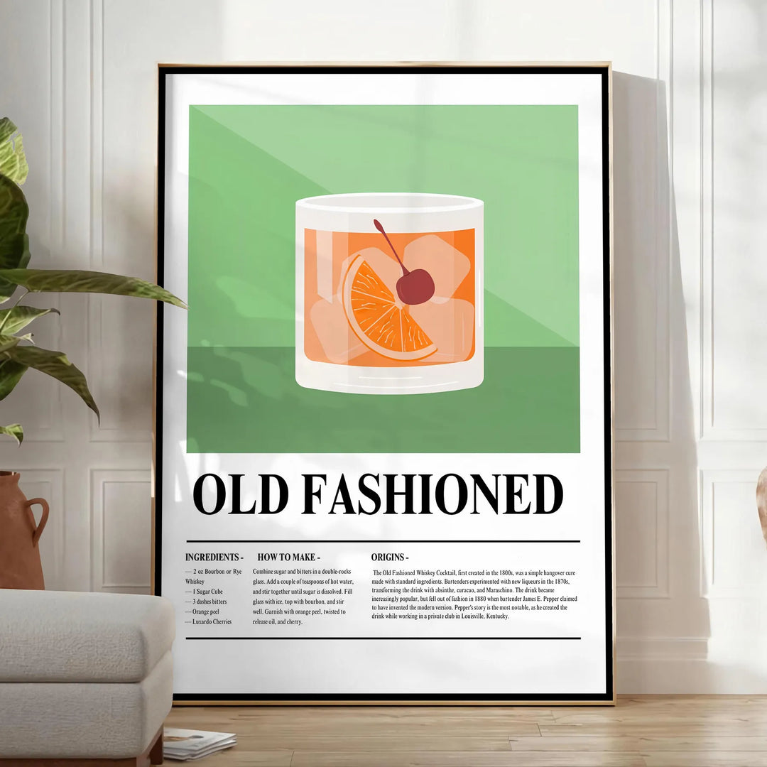 Illustration of an Old Fashioned cocktail on a black background - in a bright minimalist room with a plant and an armchair