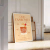 An illustration of an Old Fashioned cocktail with orange and red hues - leaning on a herringbone floor against a white panelled wall