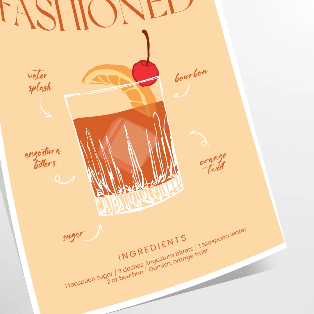An illustration of an Old Fashioned cocktail with orange and red hues