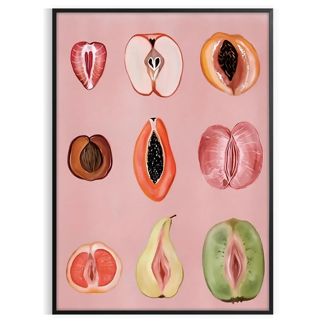 Graphic print of assorted fruits in bold black and brown tones - in a black frame