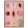 Graphic print of assorted fruits in bold black and brown tones - in a black frame
