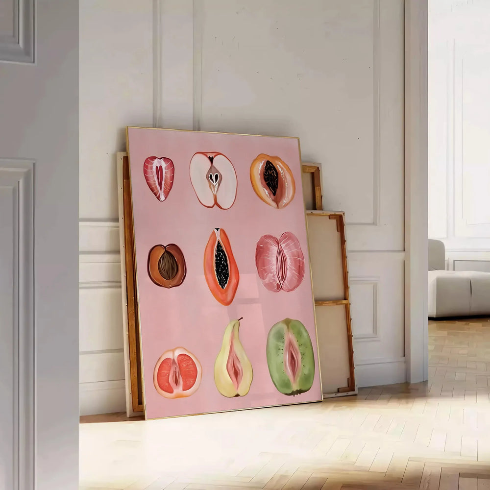 Graphic print of assorted fruits in bold black and brown tones
