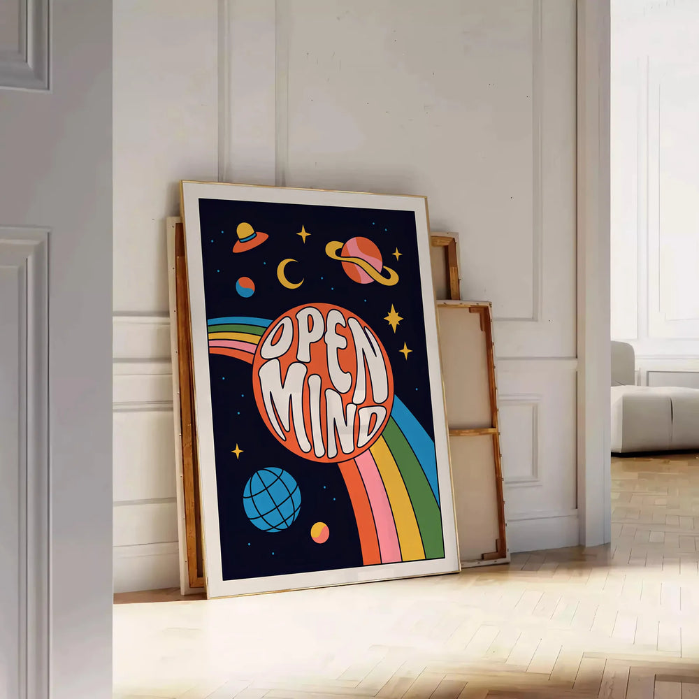 Abstract design featuring swirling orange and black shapes with a retro vibe