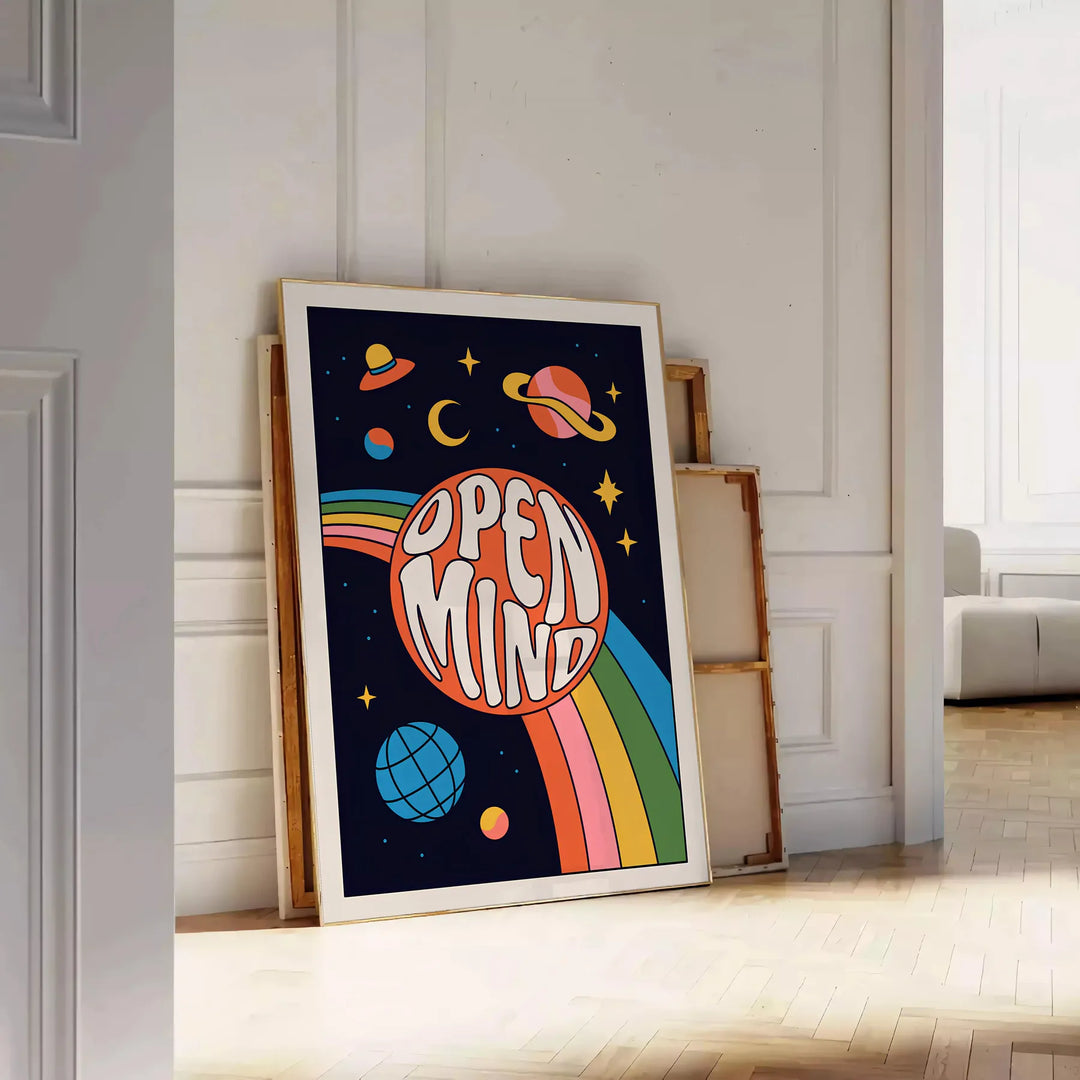 Abstract design featuring swirling orange and black shapes with a retro vibe - leaning on a herringbone floor against a white panelled wall