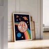 Abstract design featuring swirling orange and black shapes with a retro vibe - leaning on a herringbone floor against a white panelled wall