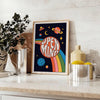 Abstract design featuring swirling orange and black shapes with a retro vibe - styled on a counter with eucalyptus and a bowl of lemons
