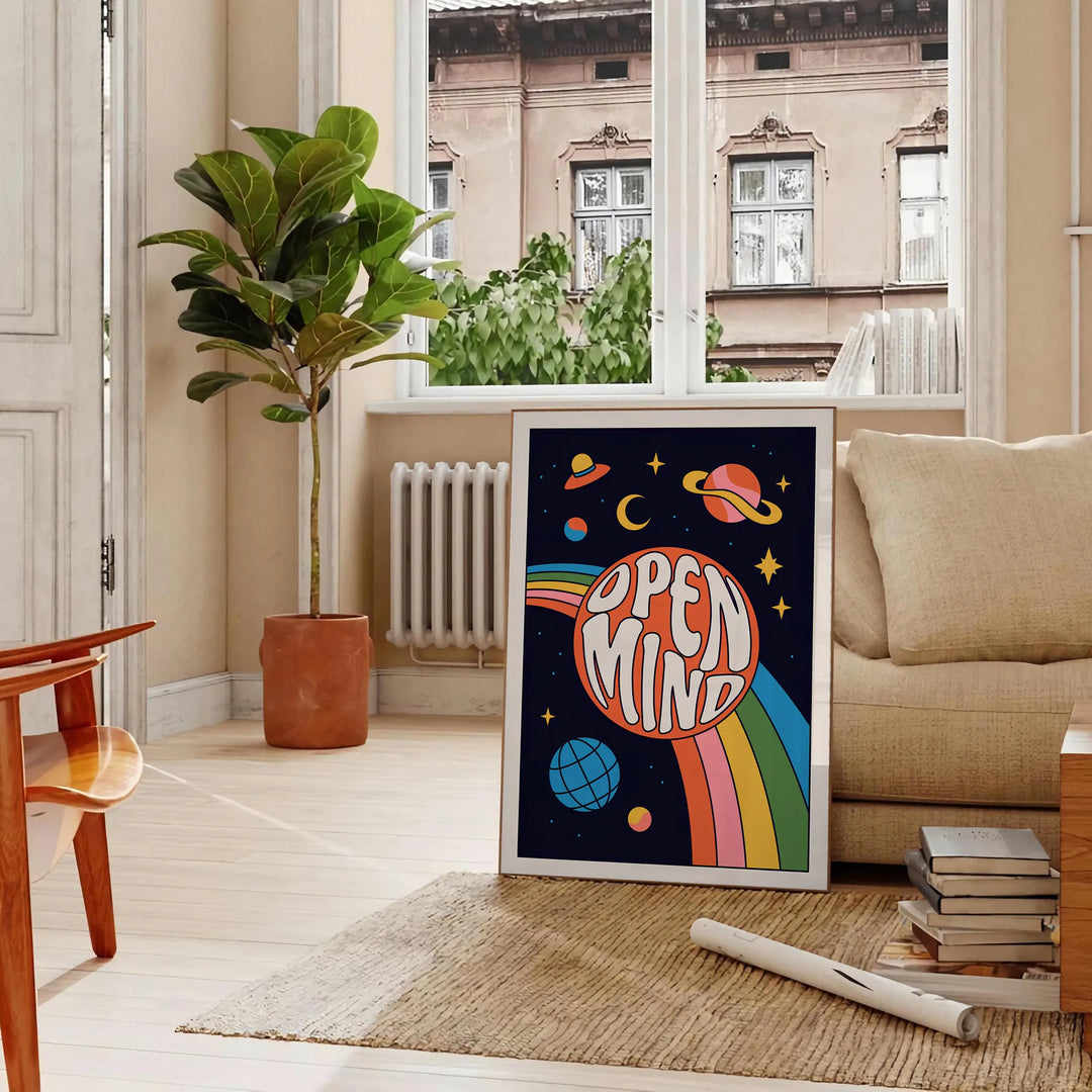 Abstract design featuring swirling orange and black shapes with a retro vibe - in a Parisian living room with a sofa and a fig plant