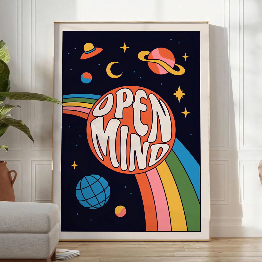 Abstract design featuring swirling orange and black shapes with a retro vibe - in a bright minimalist room with a plant and an armchair