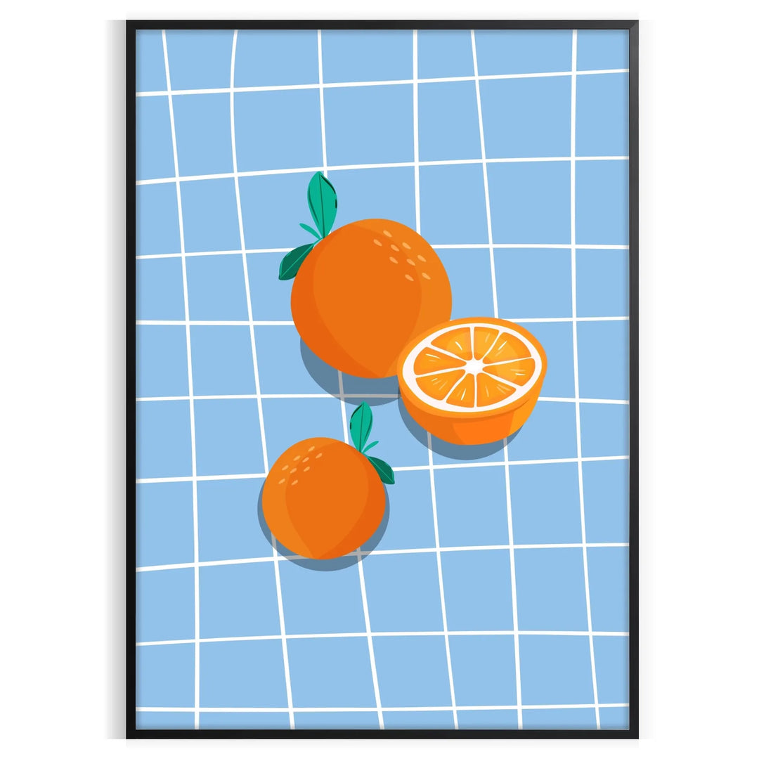 A bold orange kitchen poster featuring cooking utensils and ingredients in a modern style