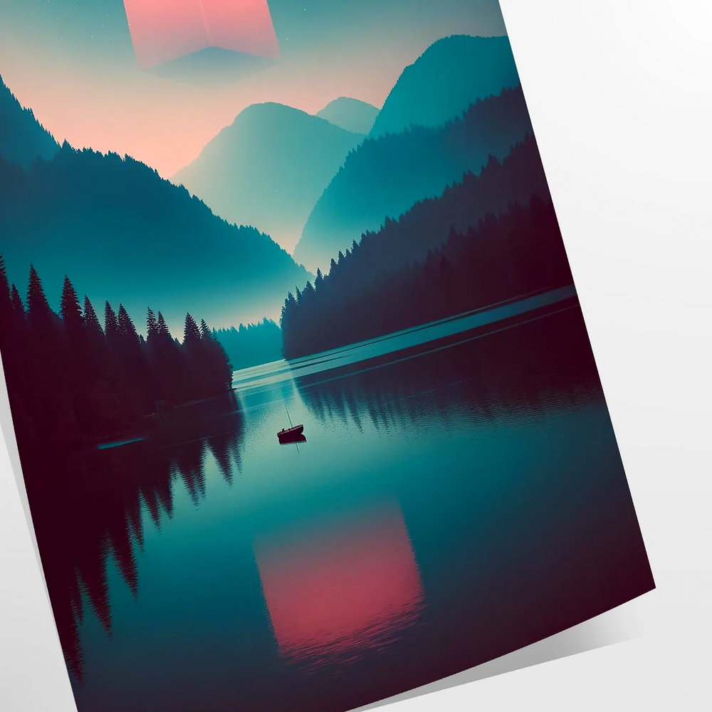 Abstract landscape featuring an orange cube amidst green and blue hues