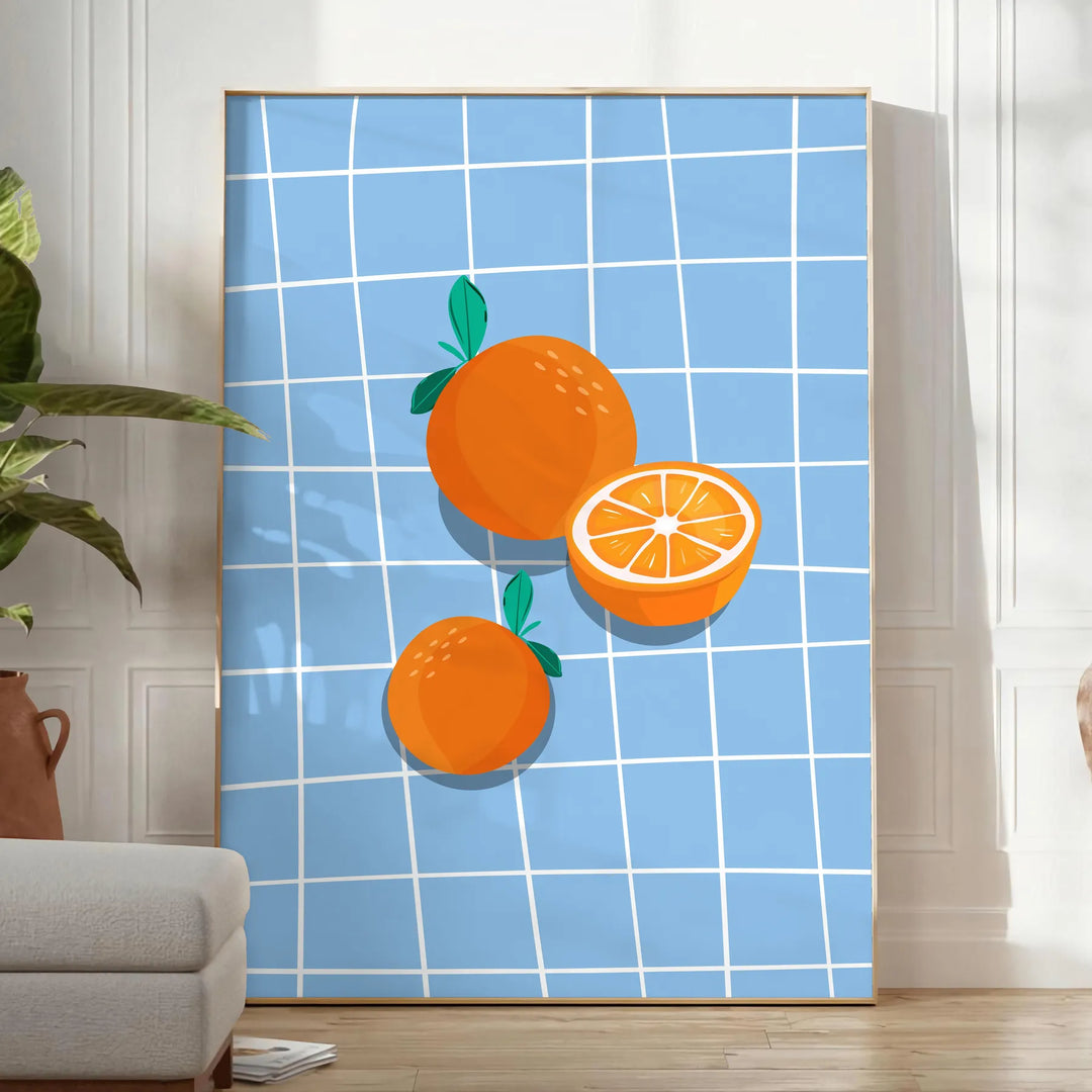 A bold orange kitchen poster featuring cooking utensils and ingredients in a modern style - in a bright minimalist room with a plant and an armchair