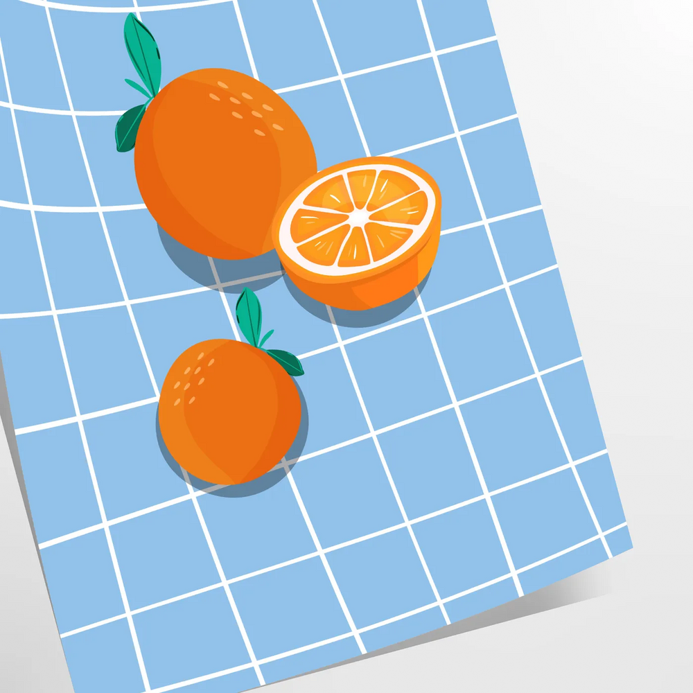 A bold orange kitchen poster featuring cooking utensils and ingredients in a modern style