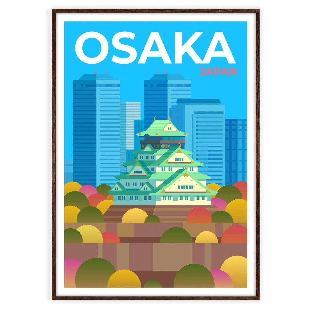 A stylized illustration of Osaka, Japan, featuring brown and gray tones. - in a walnut frame