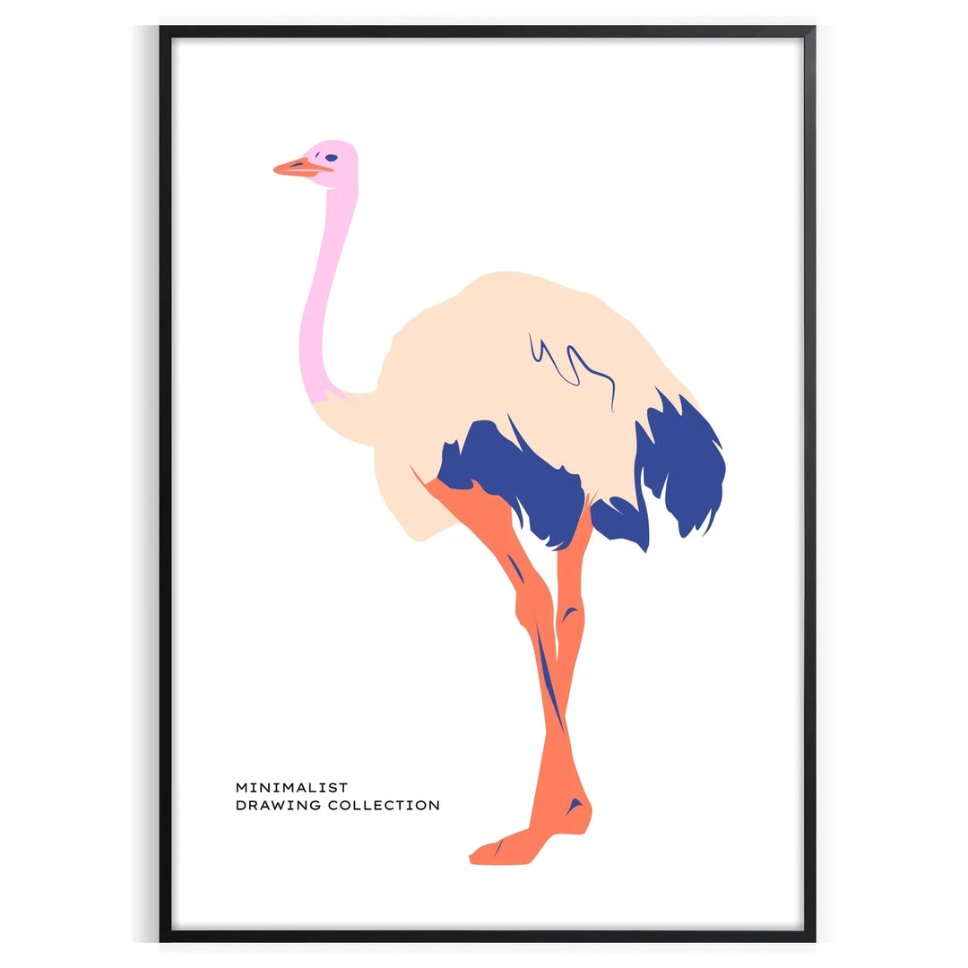 An abstract depiction of an ostrich with dynamic orange and blue hues - in a black frame