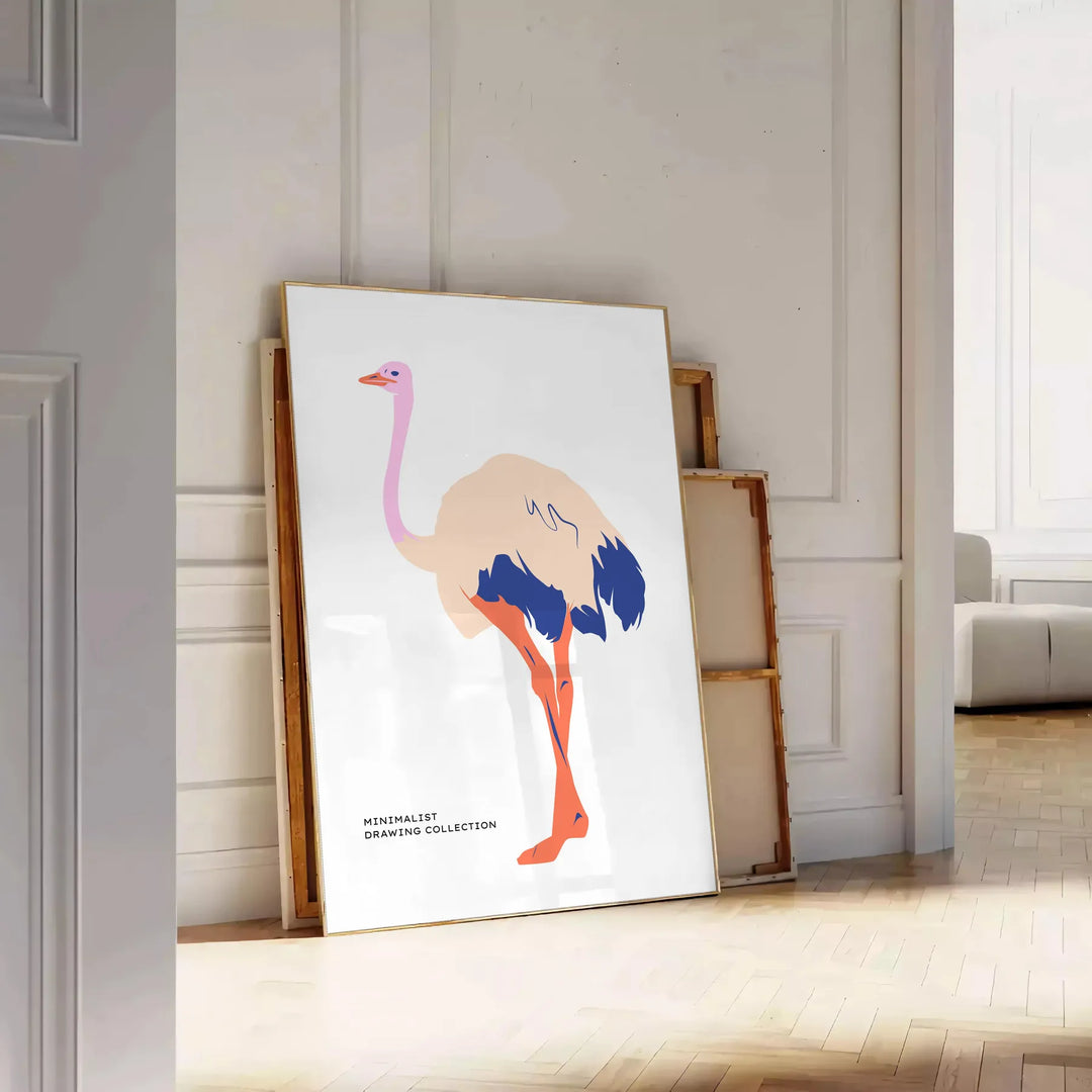 An abstract depiction of an ostrich with dynamic orange and blue hues - leaning on a herringbone floor against a white panelled wall