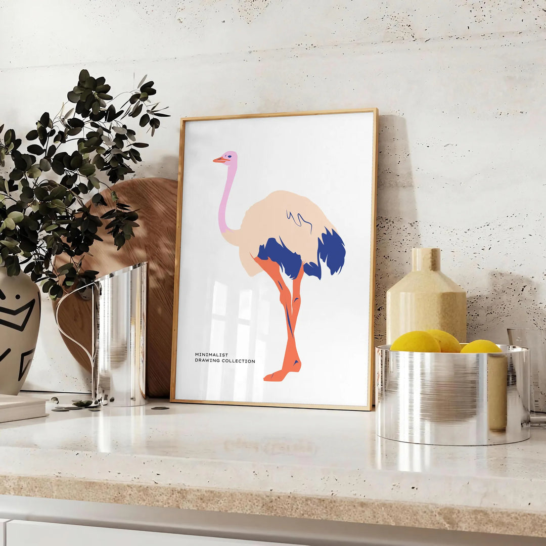 An abstract depiction of an ostrich with dynamic orange and blue hues - styled on a counter with eucalyptus and a bowl of lemons