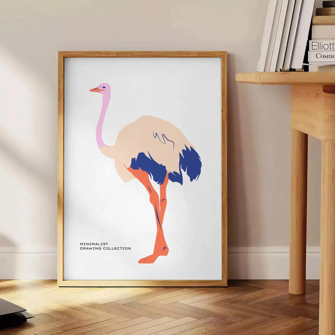 An abstract depiction of an ostrich with dynamic orange and blue hues - beside a round wooden side table with books