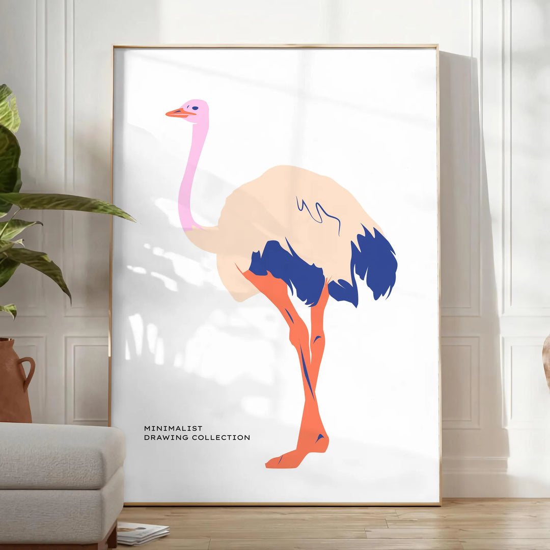 An abstract depiction of an ostrich with dynamic orange and blue hues - in a bright minimalist room with a plant and an armchair
