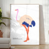 An abstract depiction of an ostrich with dynamic orange and blue hues - in a bright minimalist room with a plant and an armchair