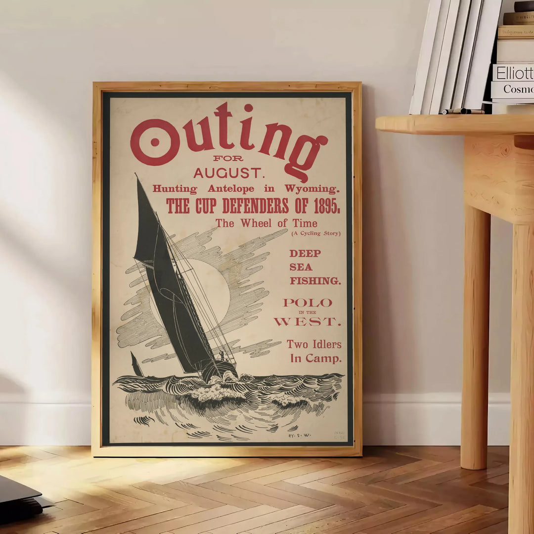 A tranquil boat gliding through calm waters, surrounded by gray and green hues - beside a round wooden side table with books