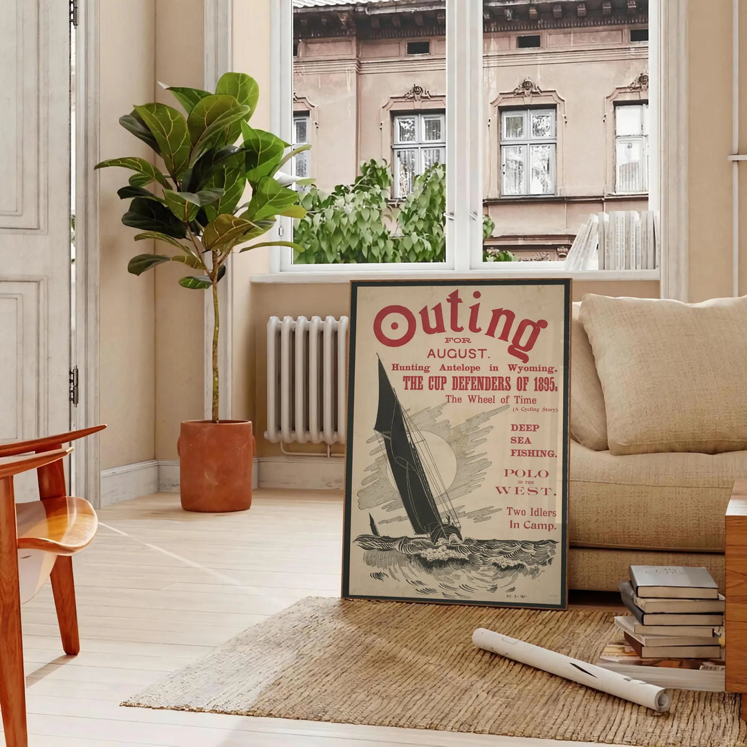 A tranquil boat gliding through calm waters, surrounded by gray and green hues - in a Parisian living room with a sofa and a fig plant