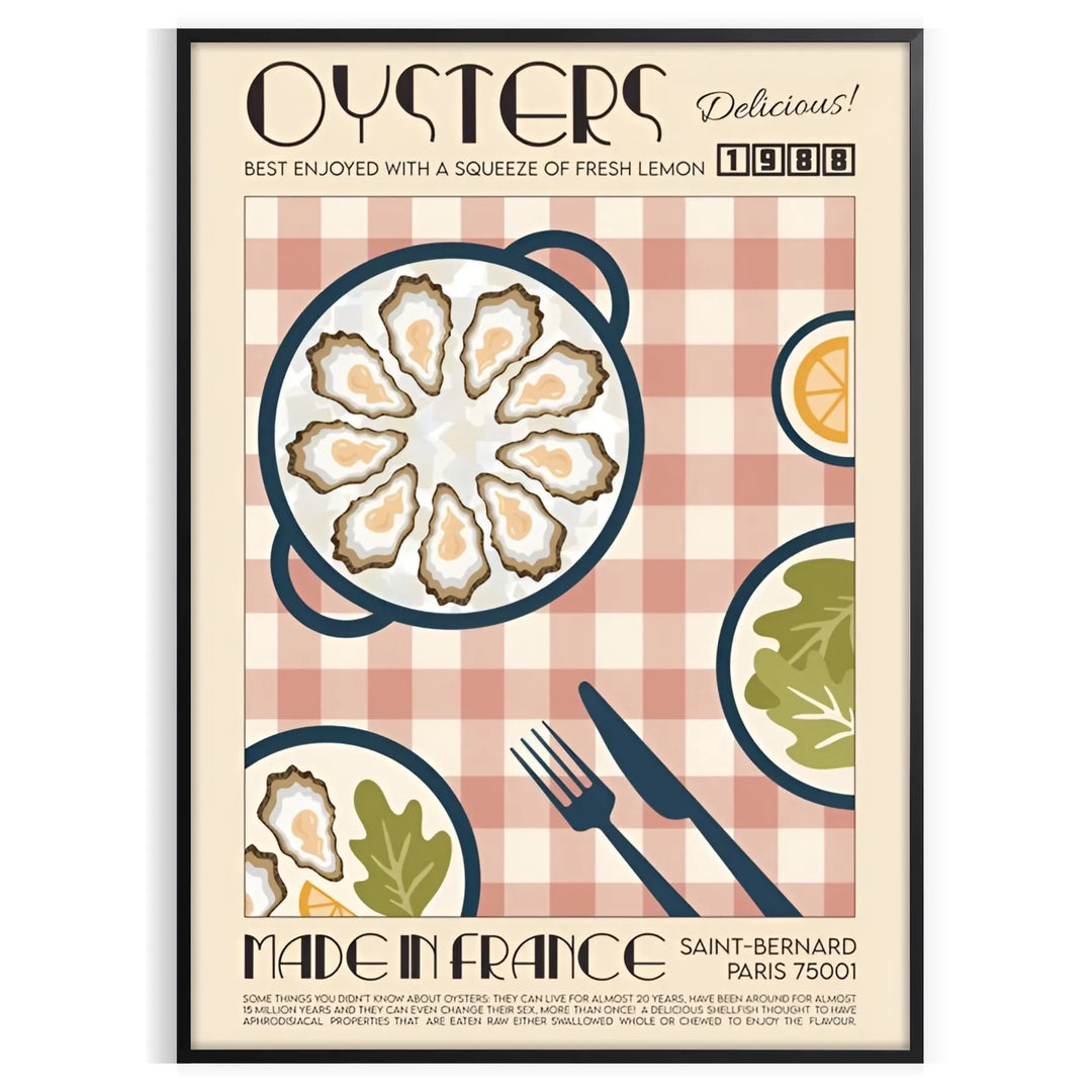 Illustration of oysters with green and orange hues, French kitchen theme