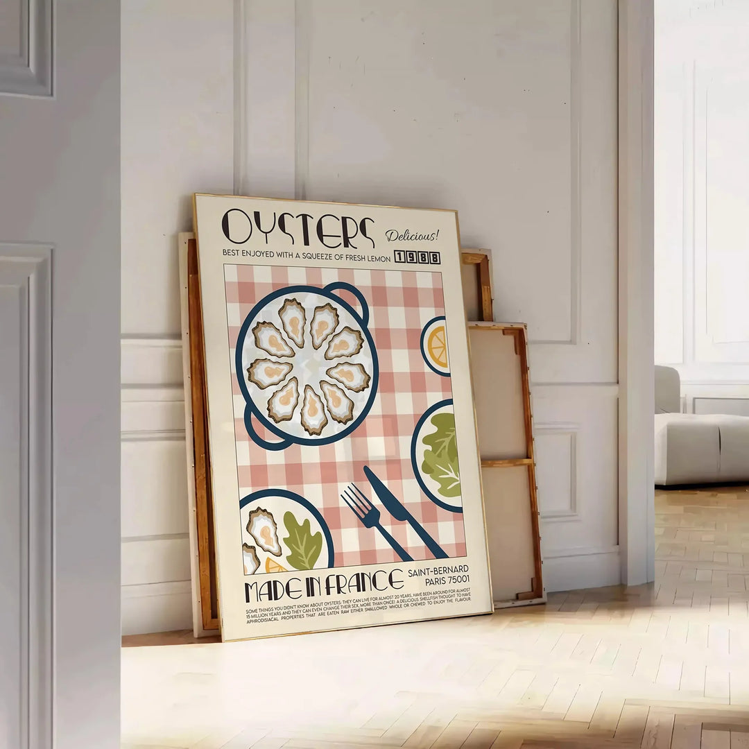 Illustration of oysters on a green and orange background - leaning on a herringbone floor against a white panelled wall