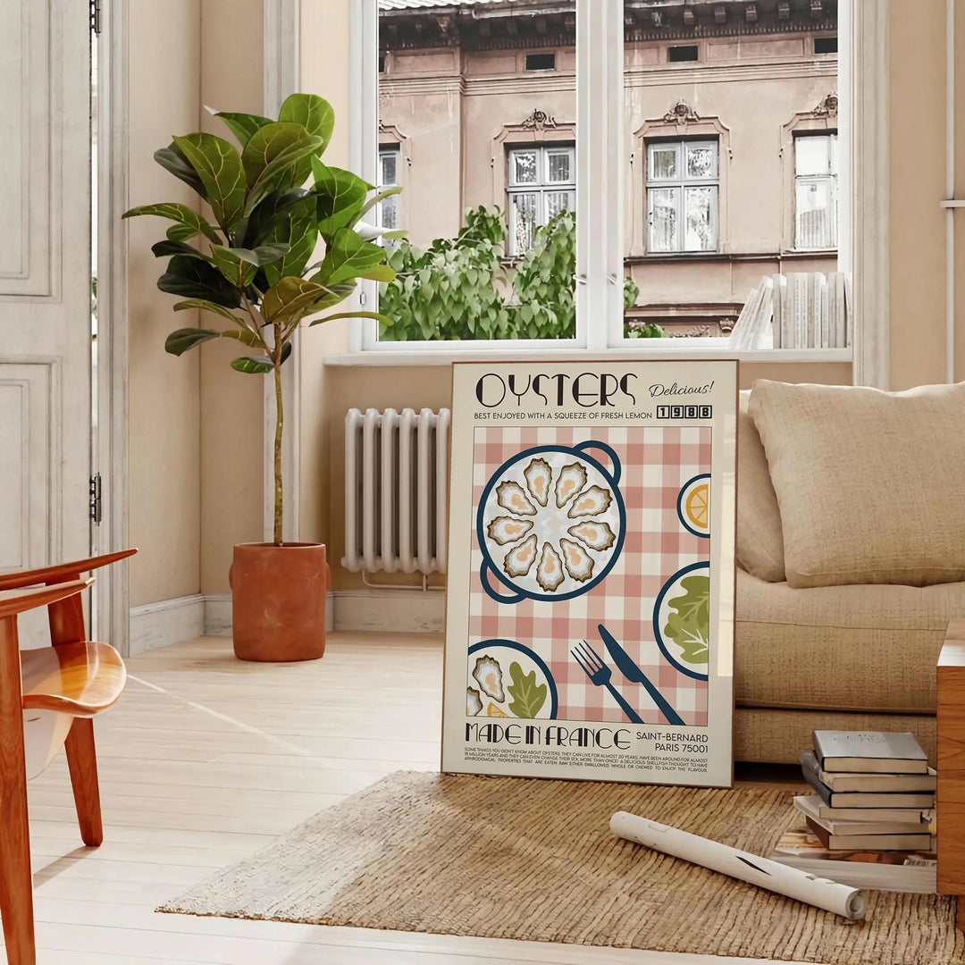 Illustration of oysters on a green and orange background - in a Parisian living room with a sofa and a fig plant