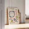 Illustration of oysters with green and orange hues, French kitchen theme - leaning on a herringbone floor against a white panelled wall