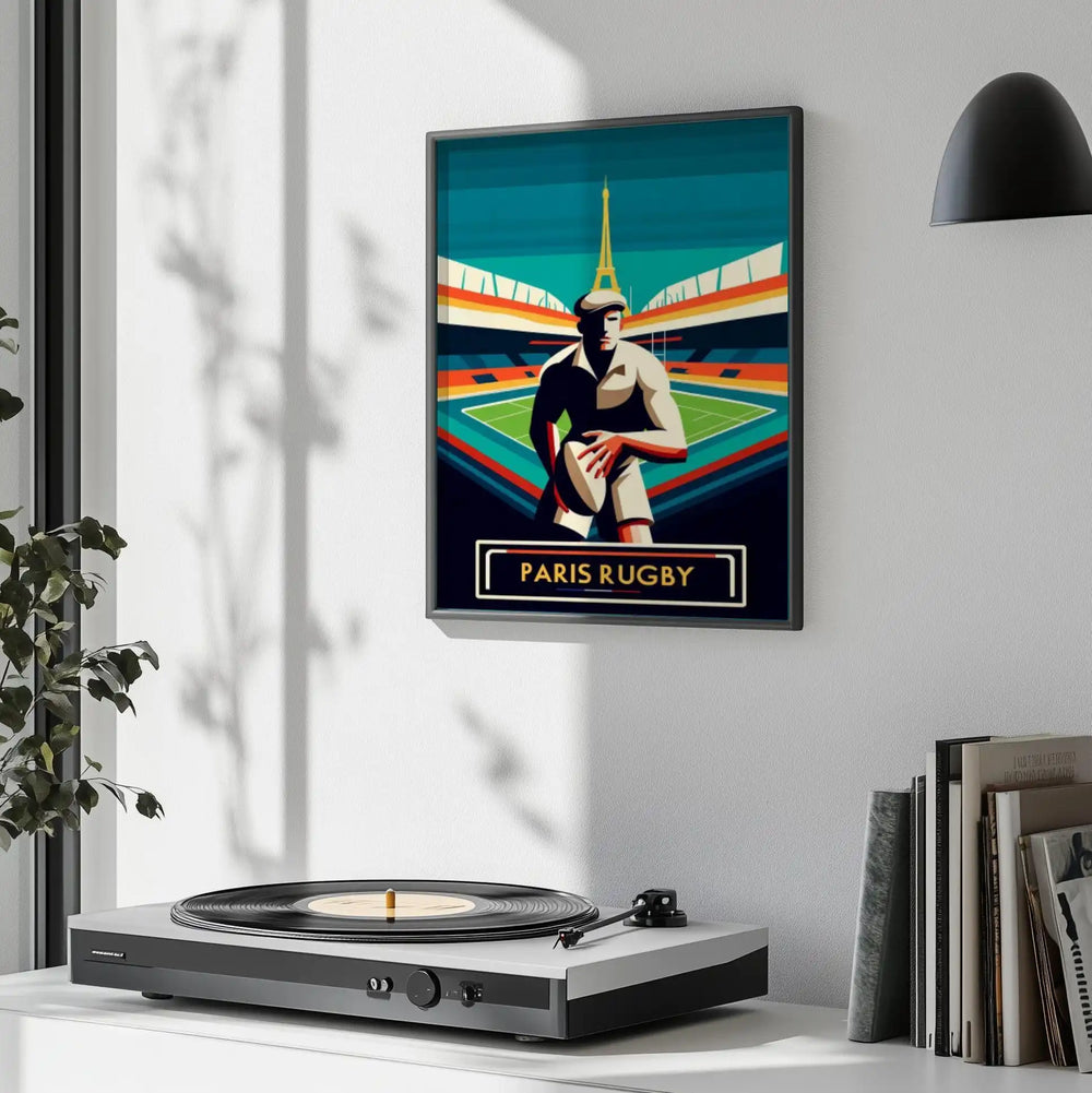 Art Deco illustration of rugby players in Paris with a city skyline