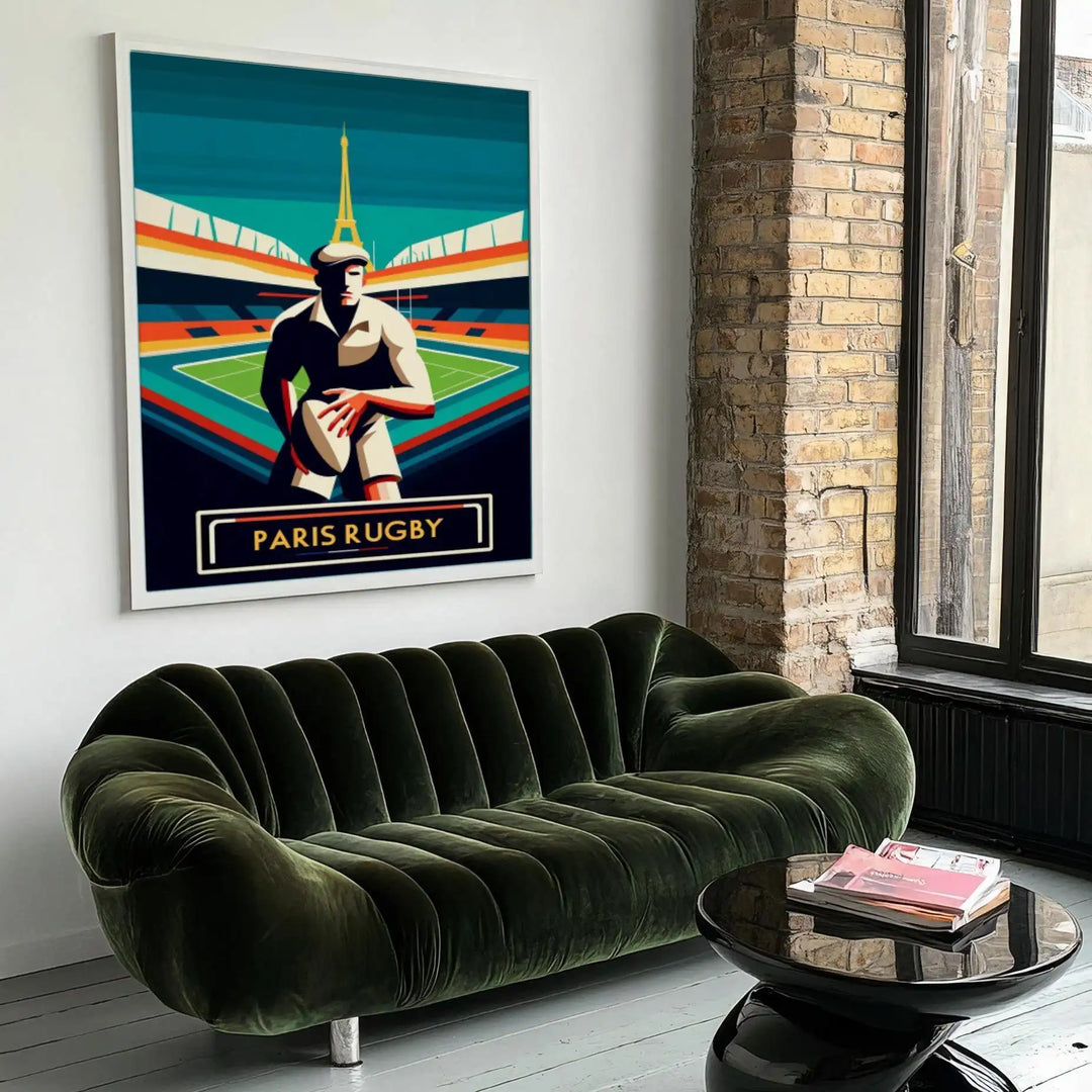 Art Deco illustration of rugby players in Paris with a city skyline