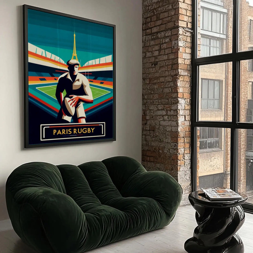 Art Deco illustration of rugby players in Paris with a city skyline