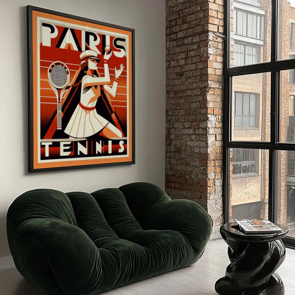 Poster showing Art Deco tennis scene in Paris, minimalist graphic design