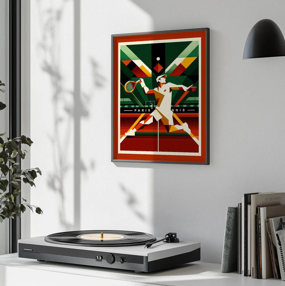 Retro illustration of tennis players in Paris with the Eiffel Tower