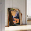 Illustration of the Pacific Northwest landscape with green forests and mountains - leaning on a herringbone floor against a white panelled wall