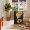 Illustration of the Pacific Northwest landscape with green forests and mountains - in a Parisian living room with a sofa and a fig plant