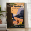 Illustration of the Pacific Northwest landscape with green forests and mountains - in a bright minimalist room with a plant and an armchair