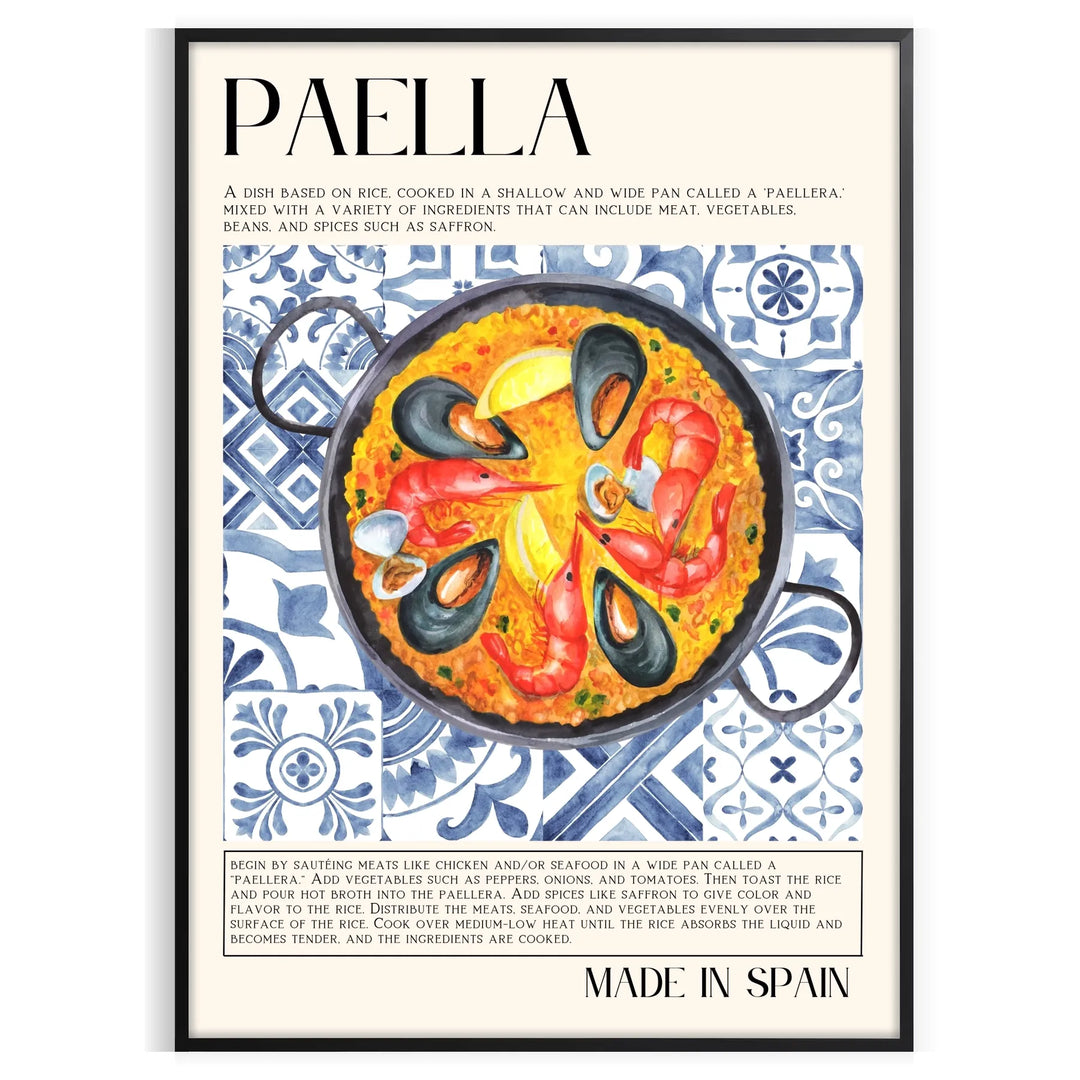 A colorful depiction of a paella dish with warm orange and white tones